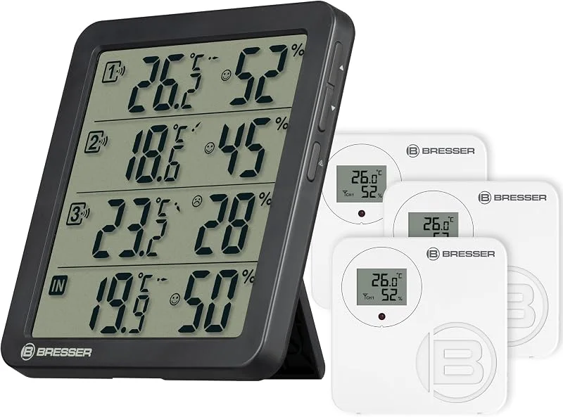 Bresser Termohigrómetro Quadro NV com 4 pontos de medição, sensor integrado e 3 sensores sem fio, indicador de conforto com sorriso, memória de min., máx., IP44 — Humidificador