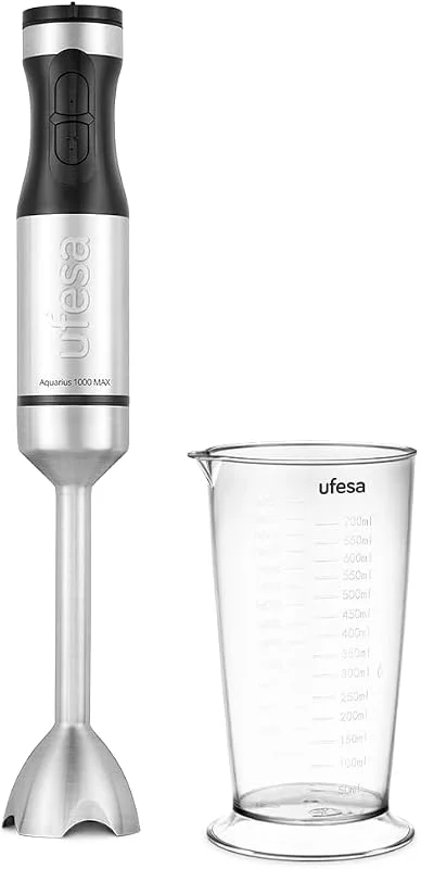 Ufesa Liquidificadora manual Aquarius 1000 W, função turbo, controlo de velocidade variável, 4 lâminas de alta eficiência, pé desmontável em aço inoxidável, design ergonómico, anti-salpicos, copo 700 — Aquecimento