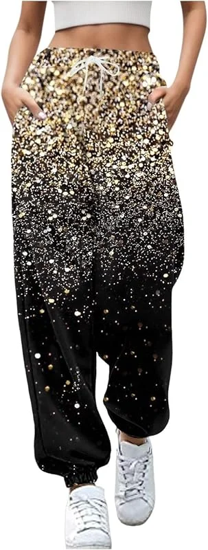 Generisch Pantalones de chándal informales con estampado navideño para mujer con cordón, pantalones de chándal cómodos y sueltos con cintura alta y bolsillos Leggins Pantalones para mujer 3, 4 — Roupa aquecida