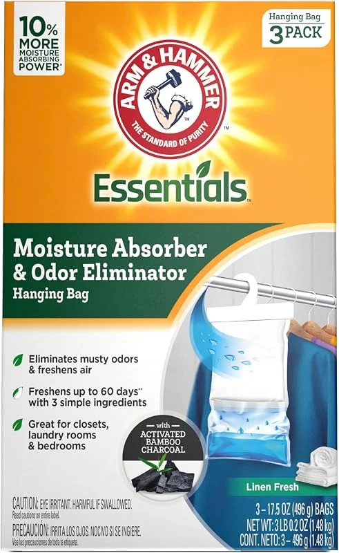 Arm & Hammer Essentials - Absorvedor de humidade e eliminador de odores para pendurar, 17, 5 onças, embalagem de 3, linho fresco, absorventes de humidade para armários, lavandarias e quartos, frescura — Humidificador