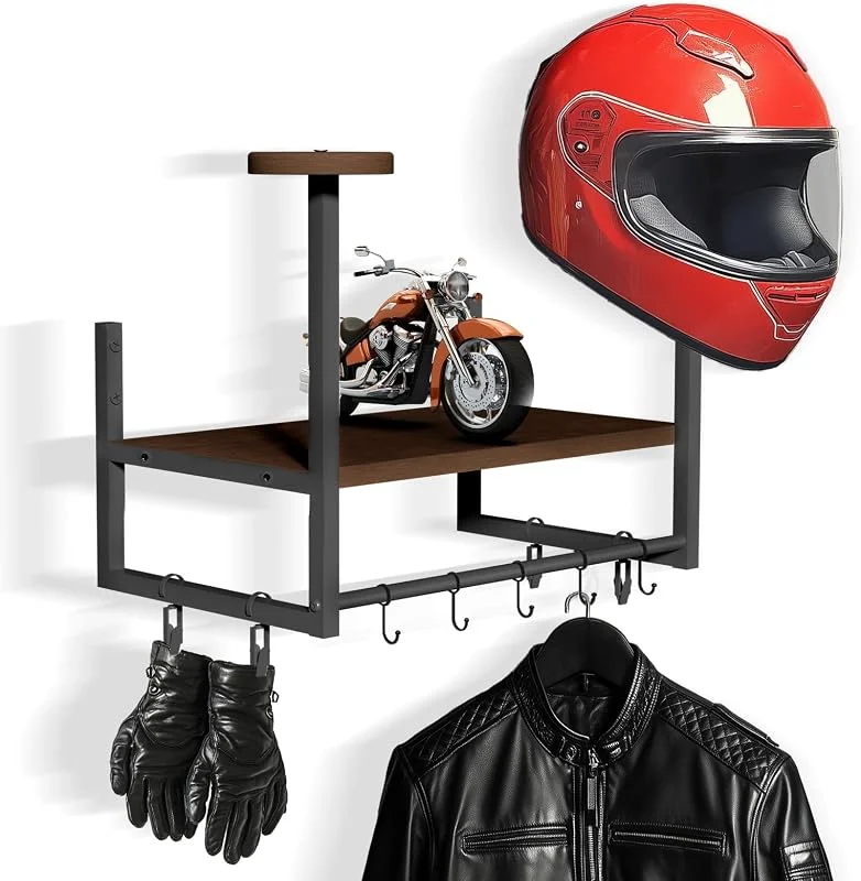 Suporte de parede para capacete de moto, gancho para capacete de moto parede Cabide com prateleiras de camadas de madeira, 2 suportes para capacete, futebol e equipamento de ciclismo, Marrom — Roupa aquecida