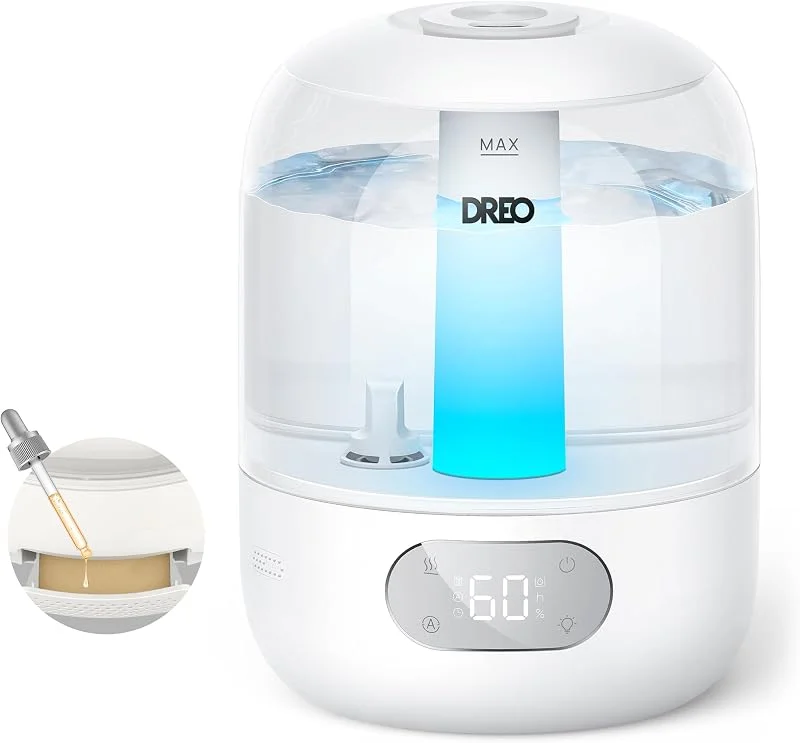 DREO Humidificador de bebé 3 l 26 dB silencioso com sensor de humidade, névoa fria ultra-sónica, 30 h automonomia, de 360 °, luz ambiente, difusor de óleos essenciais, branco