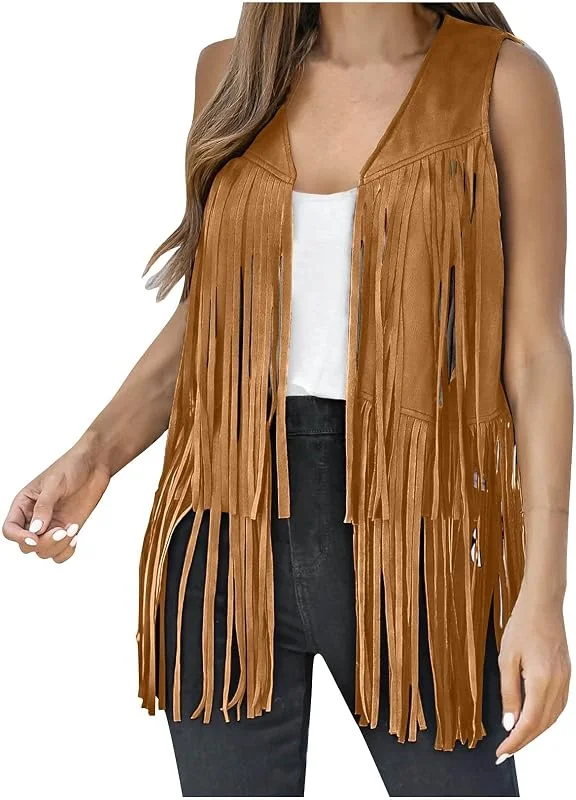 Generisch Colete sem mangas para mulher, estilo hippie dos anos 70, com borlas, de camurça sintética, com franjas (castanho, L) — Roupa aquecida