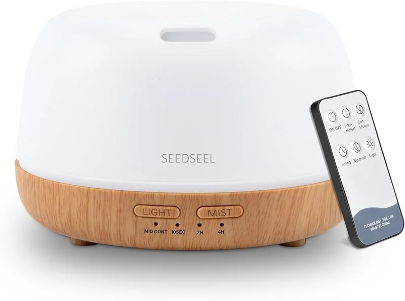SEEDSEEL Difusor de aromaterapia de 300 ml con control remoto, luz LED de 7 colores, niebla fría ultrasónica, funcionamiento silencioso, apagado automático, difusor de aceite esencial para el hogar — Humidificador