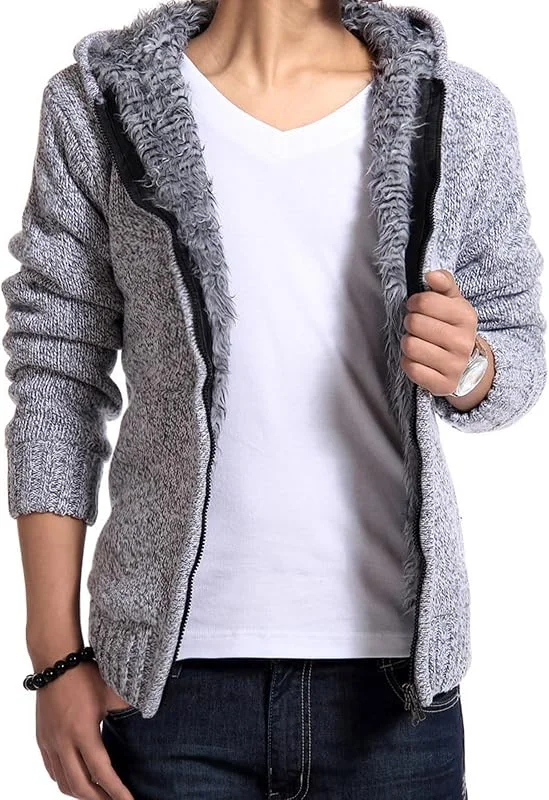 Chaqueta Hombre Punto con Capucha, Abrigos Invierno cálidos, Chaquetas Gruesas con Forro, suéter Holgado, Prendas Abrigo, suéteres Manga Larga Punto Grueso (Gris XL) — Cozinha e lar