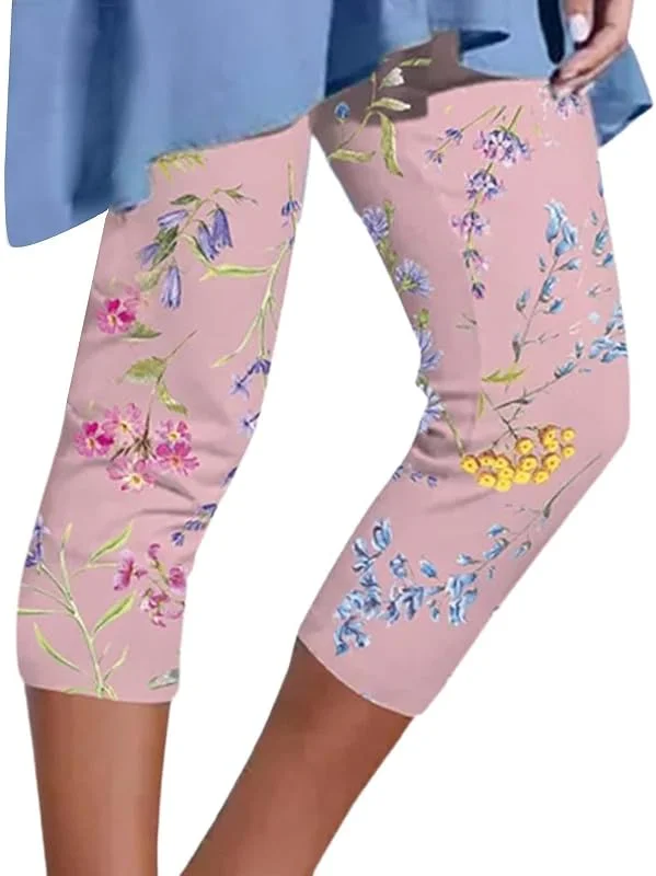 Generisch Calças elásticas informais para mulher, com estampado digital floral, corte estreito, calças de látex para mulher — Roupa aquecida